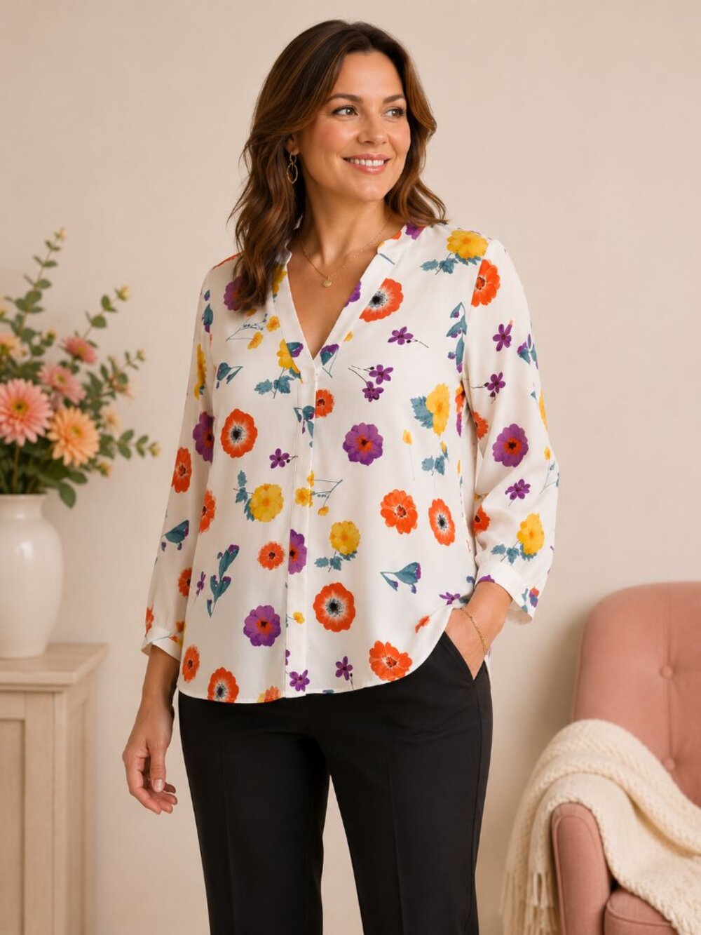 Ann Taylor Loft White Floral V-Neck Long-Sleeve Blouse